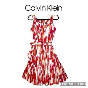 Calvin Klein A line belted sleeveless midi dress white orange pink size 6